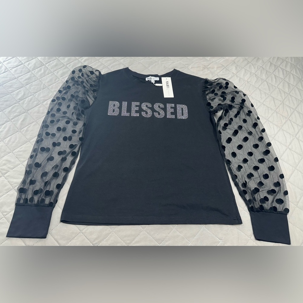 NWT Blessed Polka Dot Mesh Sleeve Top - Black